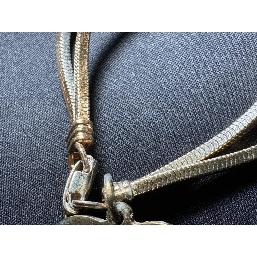 Vintage Coro Double Strand Snake Chain Heart Pendant Bracelet Mickey Engraved